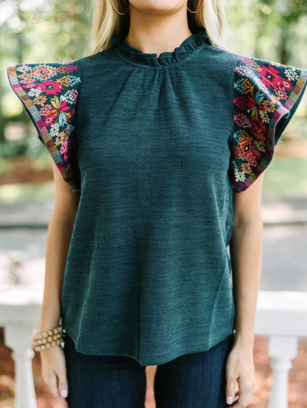 Embroidered Floral Dark Teal Shirt